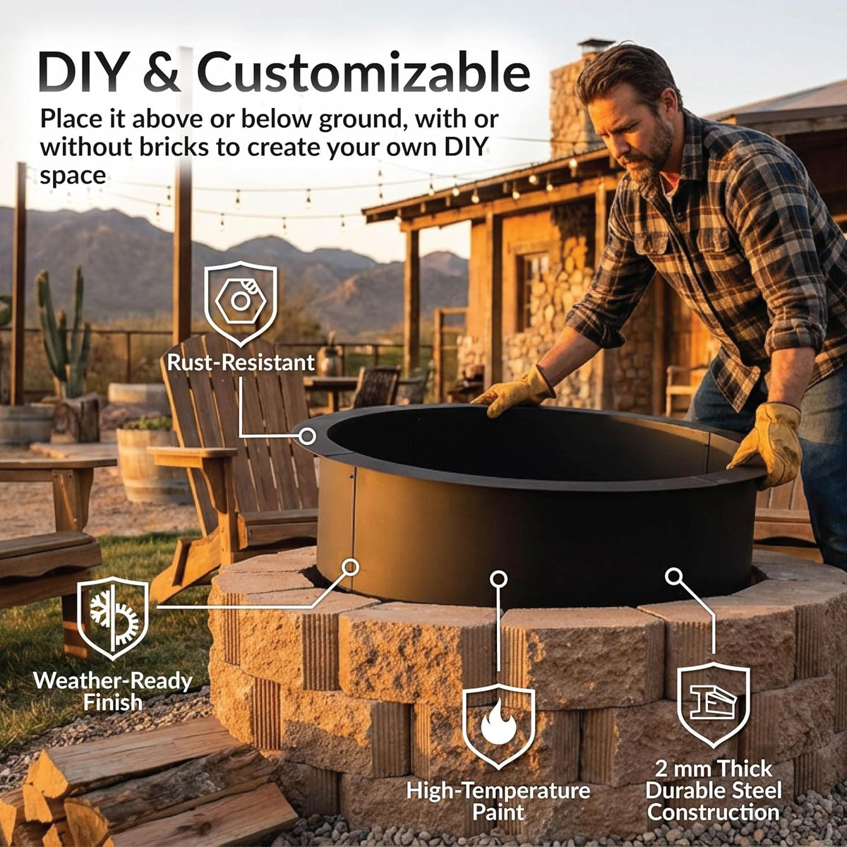 Sunnydaze Heavy Duty Steel Fire Pit Ring Insert, 42" Outer / 36" Inner Dia