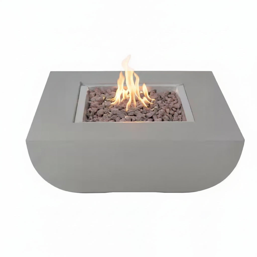 Round Propane Fire Pit Table Built for Outdoor Dining, Electronic Ignition, Concrete Construction, 50,000 BTU