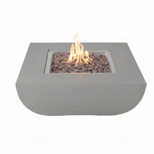 Round Propane Fire Pit Table Built for Outdoor Dining, Electronic Ignition, Concrete Construction, 50,000 BTU